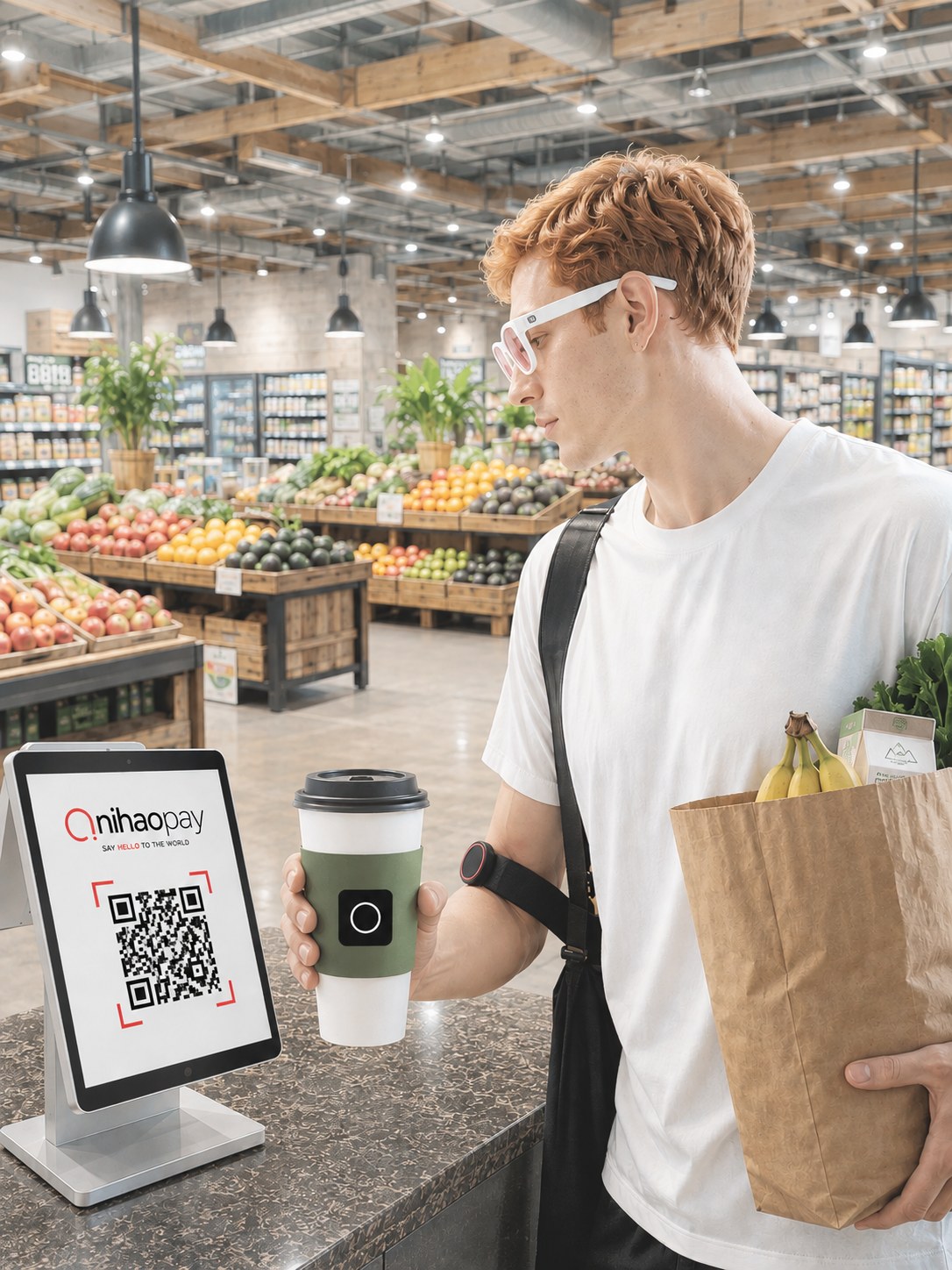 戴着 Razzhood 在超市收银台前,看一眼 Nihao Pay 的二维码完成付款